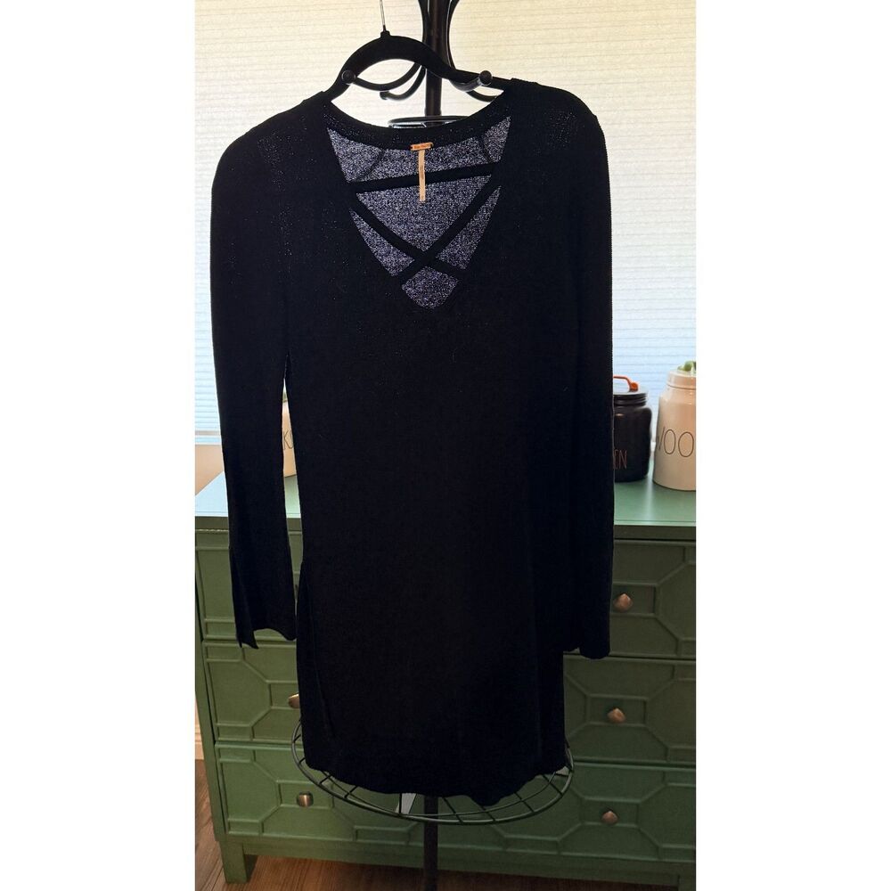 Free People Criss Cross V-Neck Tunic Sweater Knit Black Dress Medium